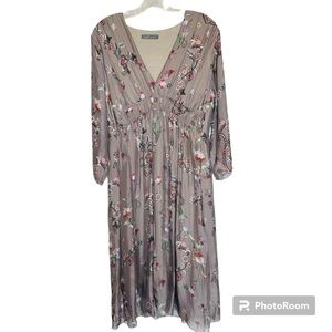 Lola Italy Angel Sleeve Midi Silk Sheer Overlay Empire Waist V-Neck Dress L